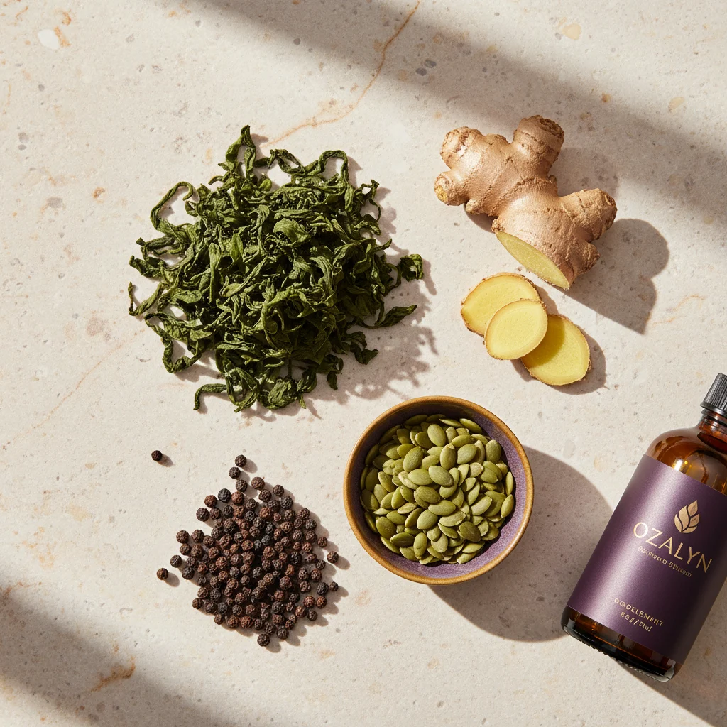 Flat lay van groene thee, verse gemberwortel, zwarte peperbollen en pompoenzaden - voedingssupplement stofwisseling ondersteunen