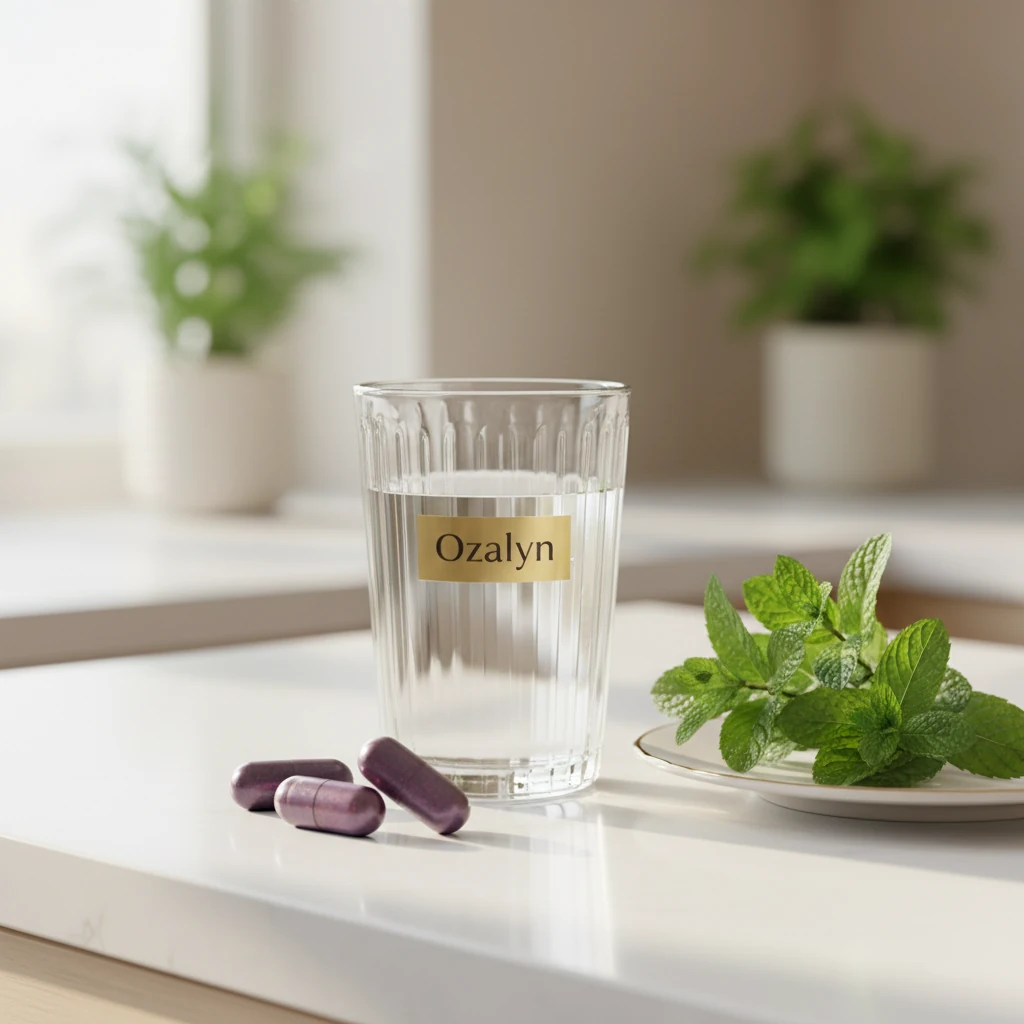 Twee paarse Ozalyn capsules naast een glas water op een witte keukentafel - plantaardige capsules dagelijkse routine